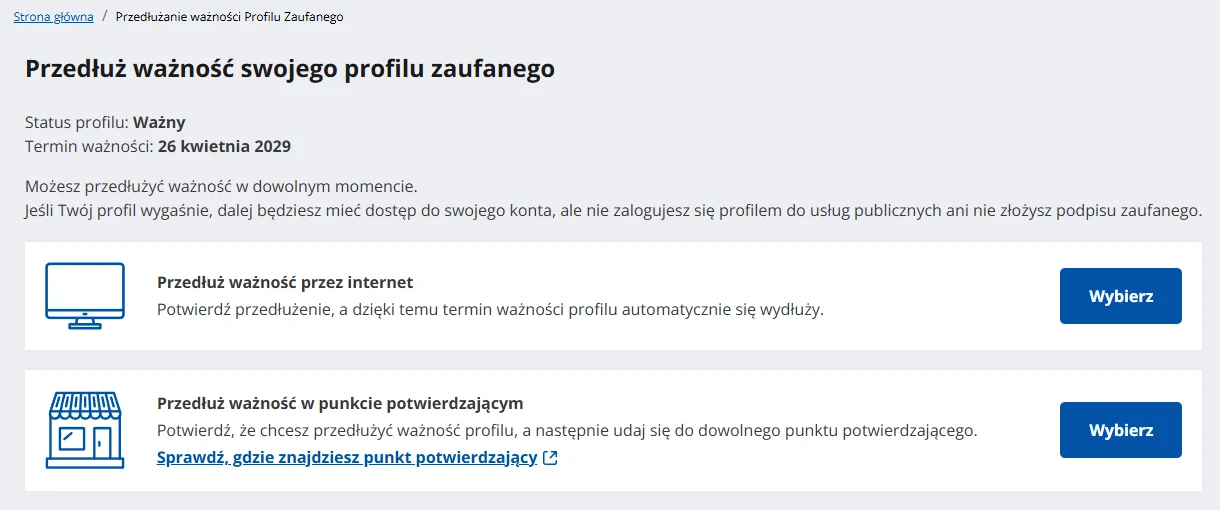 Przedłużenie ważności profilu zaufanego przez internet lub w punkcie potwierdzającym