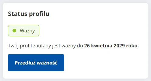 Status profilu zaufanego i przycisk Przedłuż ważność