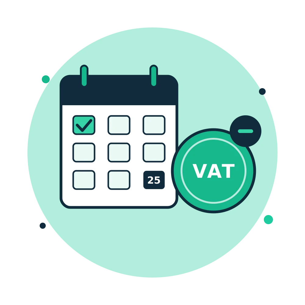 Календарь со сроком 25-го и монета VAT со знаком минус – уменьшение VAT за досрочную оплату